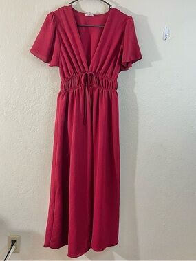 See You Monday Red V-Neck Drawstring Maxi Dress Women Size Large Boho Vacay